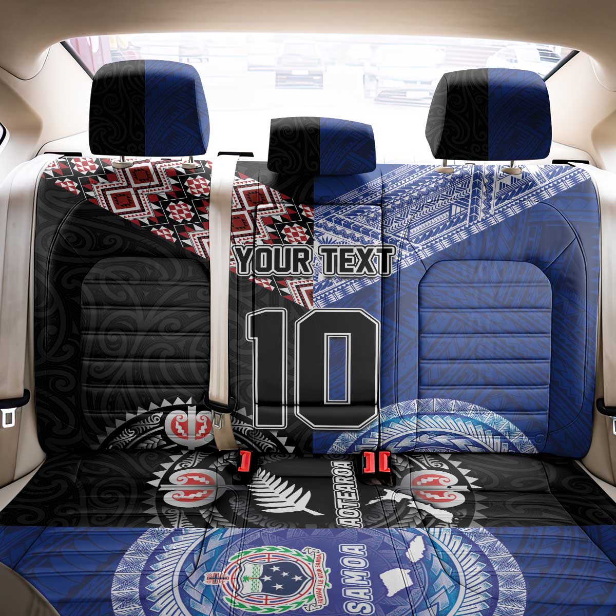 Custom Aotearoa and Samoa Rugby Back Car Seat Cover Maori Warrior and Teuila Emblem-Tatau with Taniko Art LT03 - Polynesian Pride