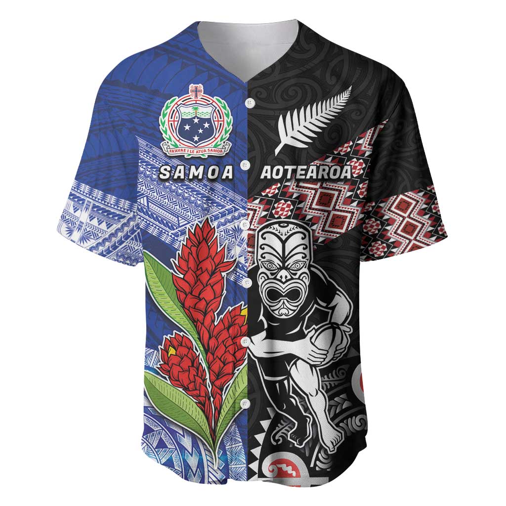 Custom Aotearoa and Samoa Rugby Baseball Jersey Maori Warrior and Teuila Emblem-Tatau with Taniko Art