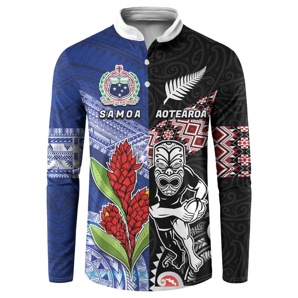 Custom Aotearoa and Samoa Rugby Button Sweatshirt Maori Warrior and Teuila Emblem-Tatau with Taniko Art