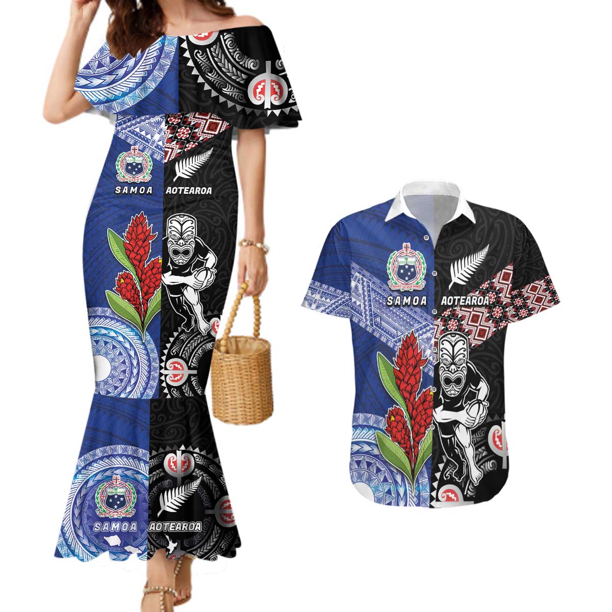 Custom Aotearoa and Samoa Rugby Couples Matching Mermaid Dress and Hawaiian Shirt Maori Warrior and Teuila Emblem-Tatau with Taniko Art