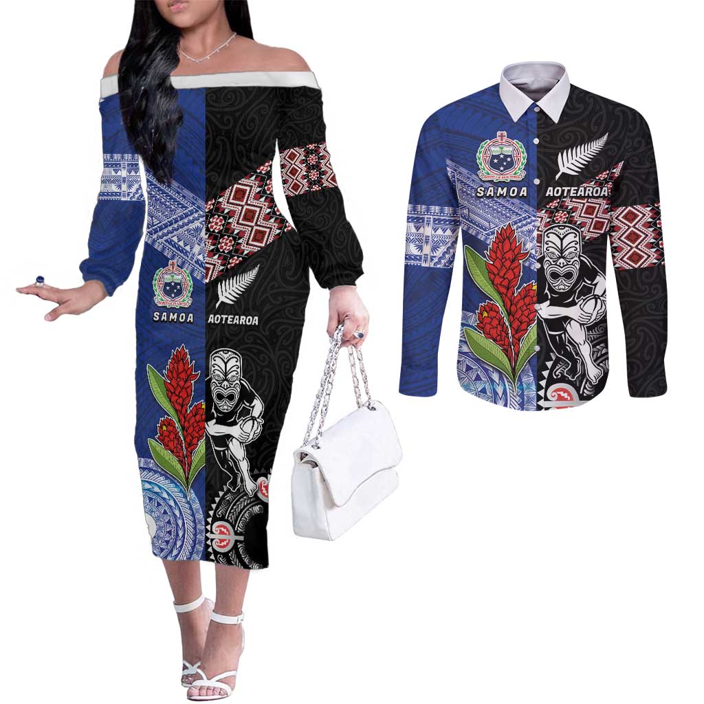 Custom Aotearoa and Samoa Rugby Couples Matching Off The Shoulder Long Sleeve Dress and Long Sleeve Button Shirt Maori Warrior and Teuila Emblem-Tatau with Taniko Art
