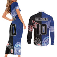 Custom Aotearoa and Samoa Rugby Couples Matching Short Sleeve Bodycon Dress and Long Sleeve Button Shirt Maori Warrior and Teuila Emblem-Tatau with Taniko Art