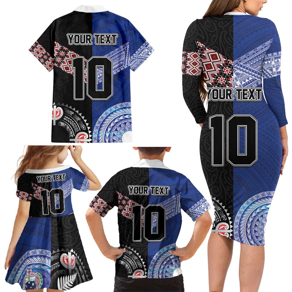 Custom Aotearoa and Samoa Rugby Family Matching Long Sleeve Bodycon Dress and Hawaiian Shirt Maori Warrior and Teuila Emblem-Tatau with Taniko Art