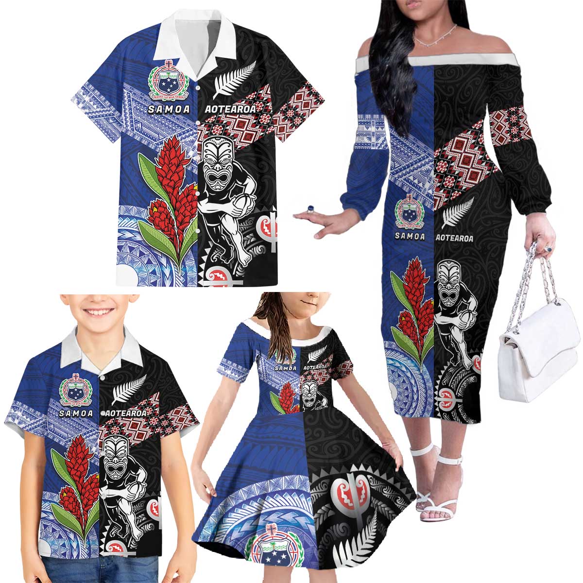 Custom Aotearoa and Samoa Rugby Family Matching Off The Shoulder Long Sleeve Dress and Hawaiian Shirt Maori Warrior and Teuila Emblem-Tatau with Taniko Art