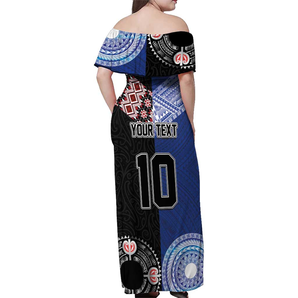 Custom Aotearoa and Samoa Rugby Family Matching Off Shoulder Maxi Dress and Hawaiian Shirt Maori Warrior and Teuila Emblem-Tatau with Taniko Art
