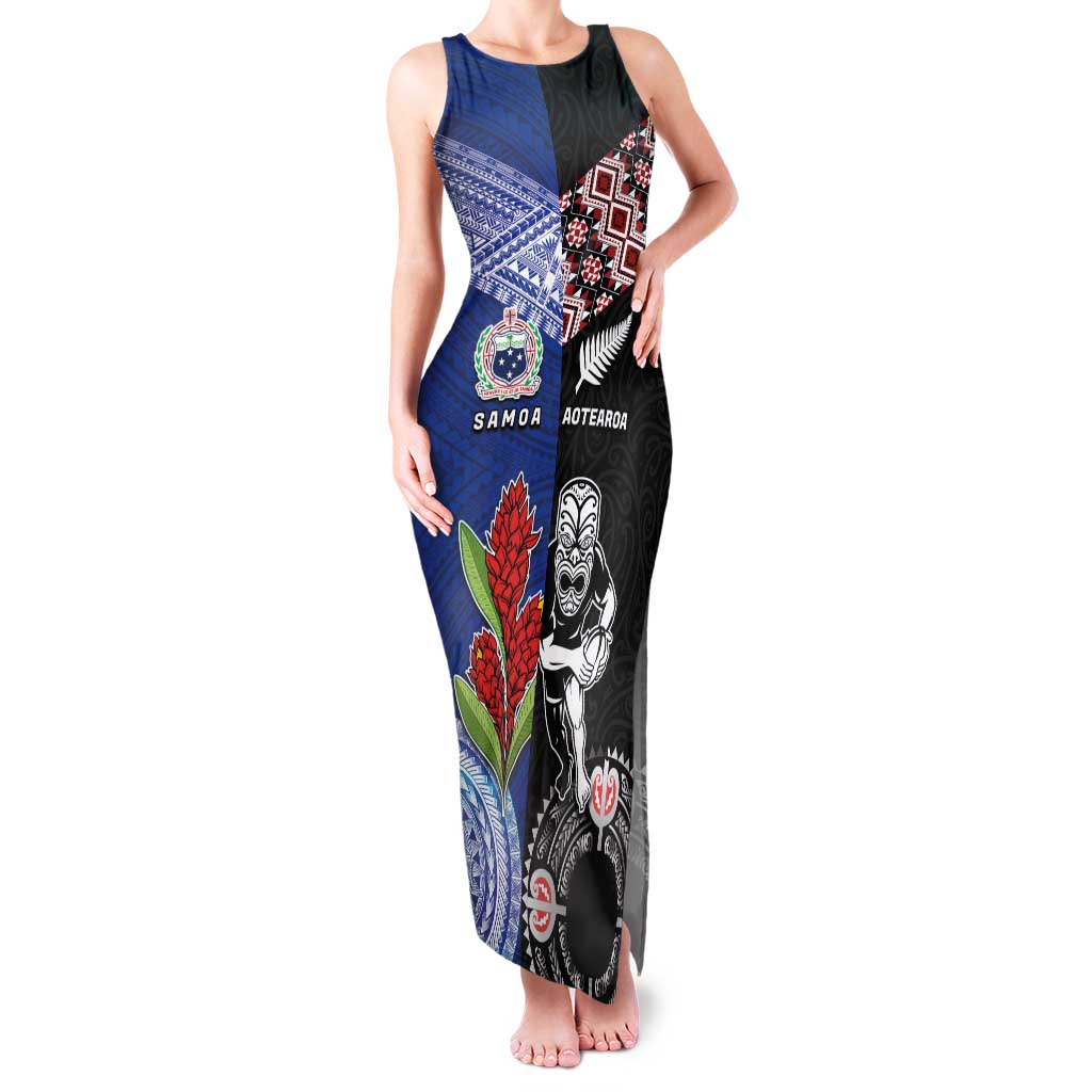 Custom Aotearoa and Samoa Rugby Family Matching Tank Maxi Dress and Hawaiian Shirt Maori Warrior and Teuila Emblem-Tatau with Taniko Art