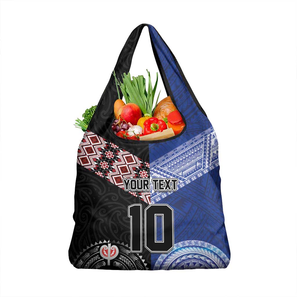 Custom Aotearoa and Samoa Rugby Grocery Bag Maori Warrior and Teuila Emblem-Tatau with Taniko Art