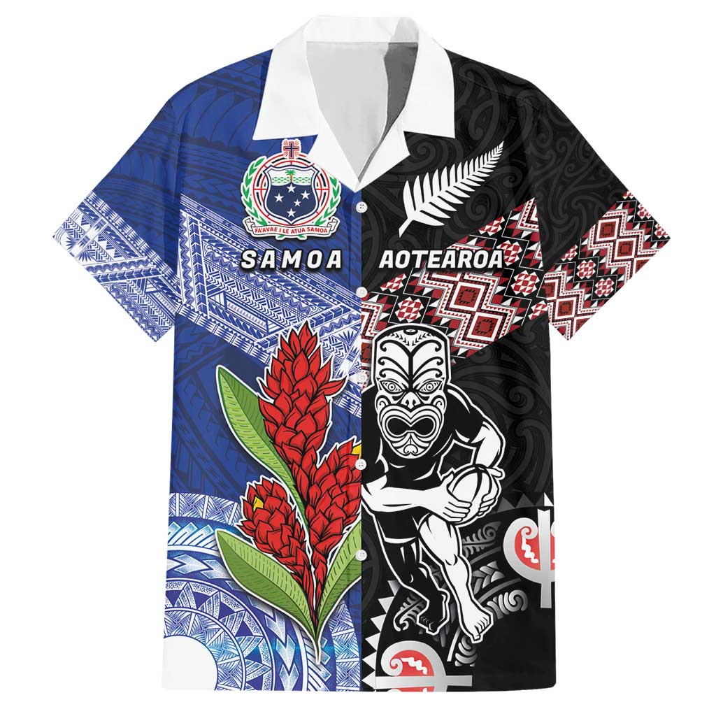 Custom Aotearoa and Samoa Rugby Hawaiian Shirt Maori Warrior and Teuila Emblem-Tatau with Taniko Art LT03 Black - Polynesian Pride