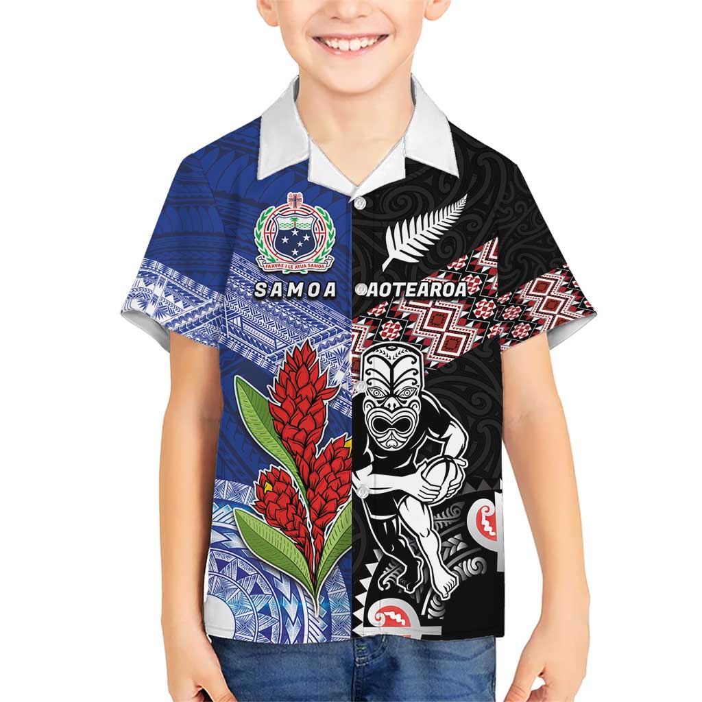Custom Aotearoa and Samoa Rugby Kid Hawaiian Shirt Maori Warrior and Teuila Emblem-Tatau with Taniko Art LT03 Kid Black - Polynesian Pride