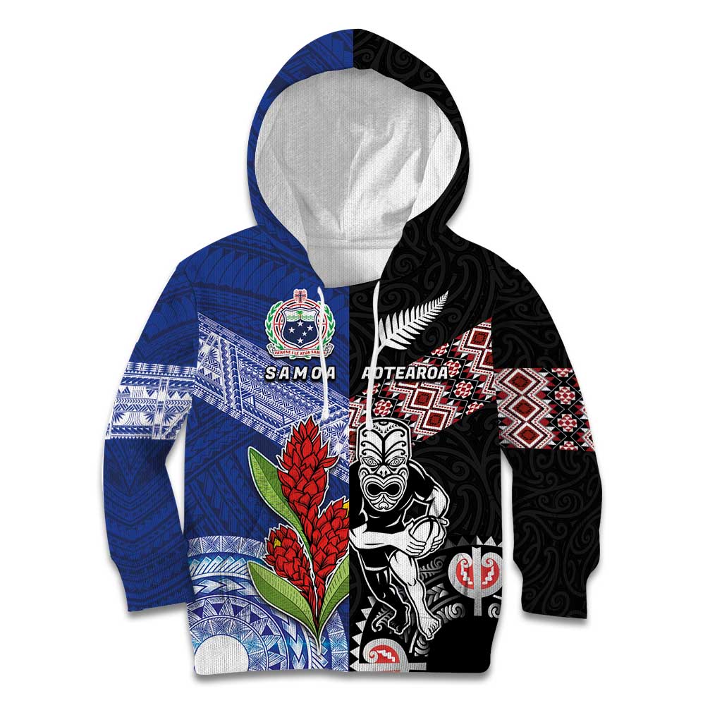 Custom Aotearoa and Samoa Rugby Kid Hoodie Maori Warrior and Teuila Emblem-Tatau with Taniko Art