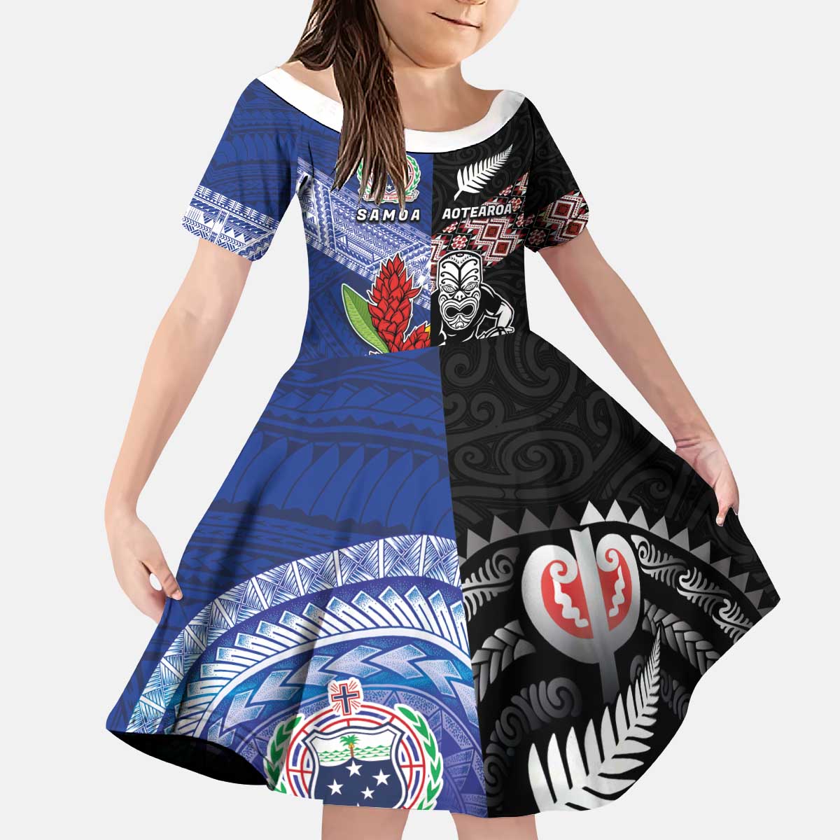 Custom Aotearoa and Samoa Rugby Kid Short Sleeve Dress Maori Warrior and Teuila Emblem-Tatau with Taniko Art