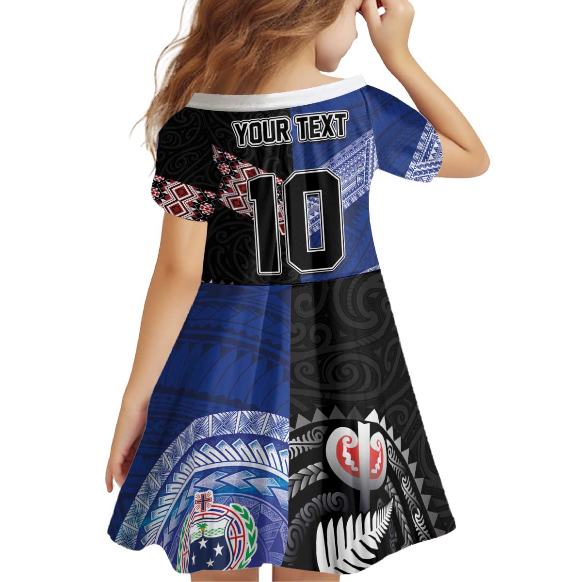 Custom Aotearoa and Samoa Rugby Kid Short Sleeve Dress Maori Warrior and Teuila Emblem-Tatau with Taniko Art