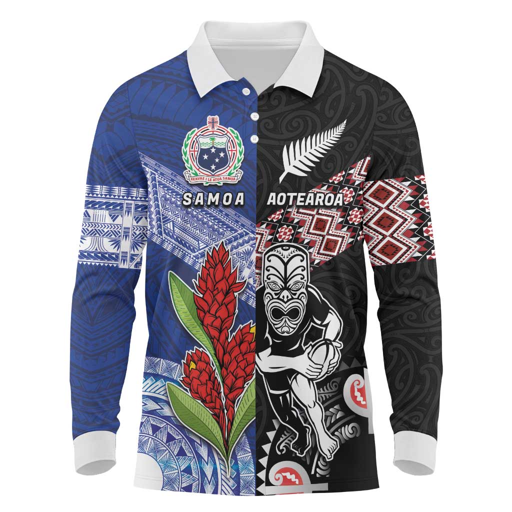 Custom Aotearoa and Samoa Rugby Long Sleeve Polo Shirt Maori Warrior and Teuila Emblem-Tatau with Taniko Art