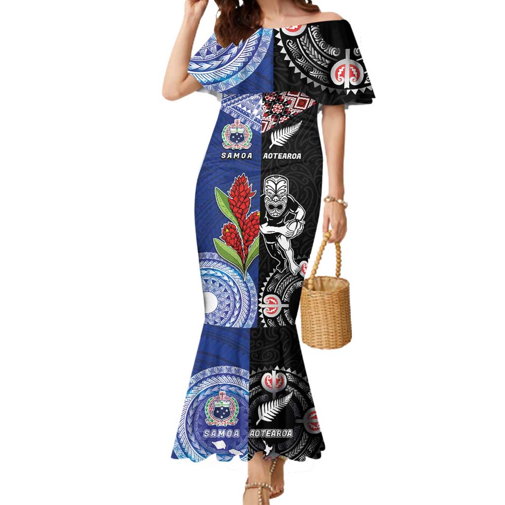 Custom Aotearoa and Samoa Rugby Mermaid Dress Maori Warrior and Teuila Emblem-Tatau with Taniko Art