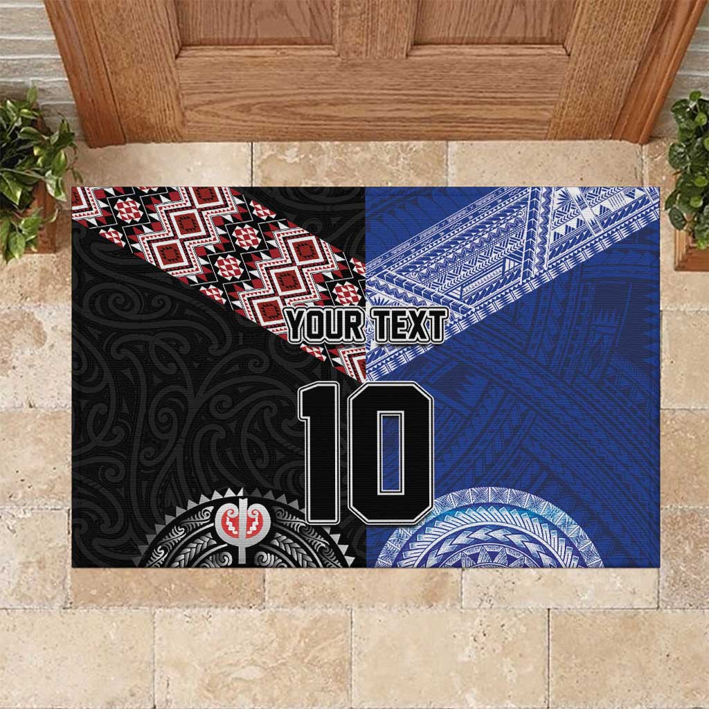 Custom Aotearoa and Samoa Rugby Rubber Doormat Maori Warrior and Teuila Emblem-Tatau with Taniko Art