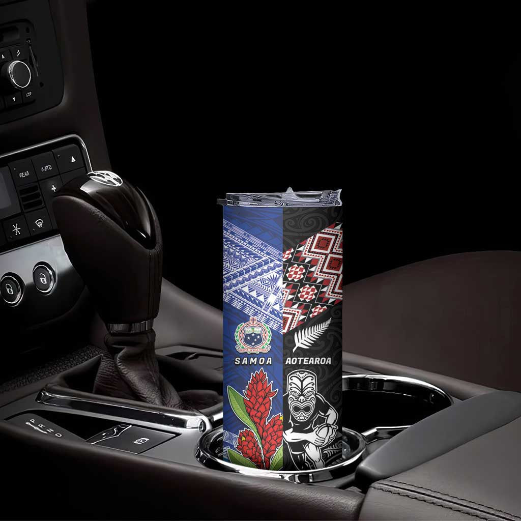 Custom Aotearoa and Samoa Rugby Skinny Tumbler Maori Warrior and Teuila Emblem-Tatau with Taniko Art LT03 - Polynesian Pride