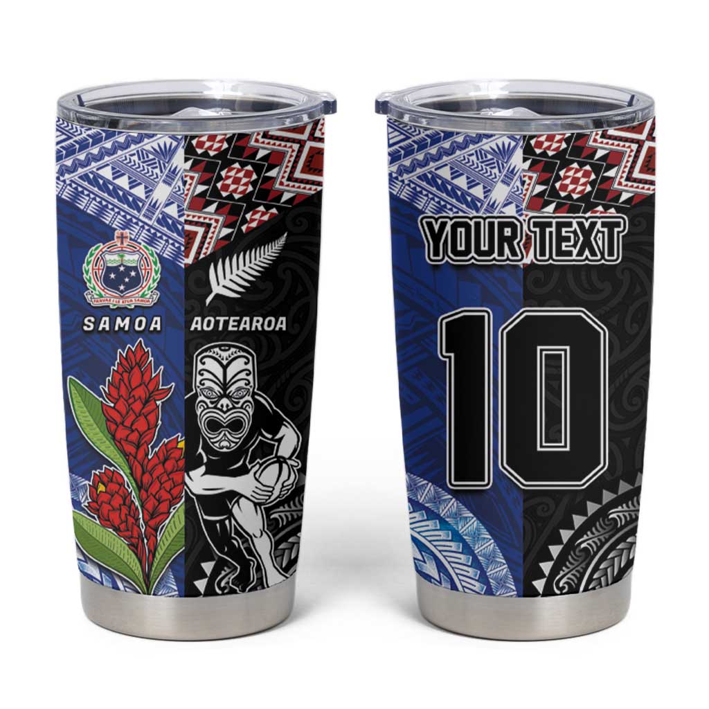 Custom Aotearoa and Samoa Rugby Tumbler Cup Maori Warrior and Teuila Emblem-Tatau with Taniko Art LT03 Black - Polynesian Pride
