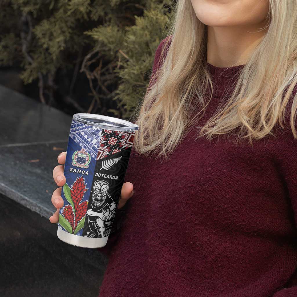 Custom Aotearoa and Samoa Rugby Tumbler Cup Maori Warrior and Teuila Emblem-Tatau with Taniko Art LT03 - Polynesian Pride