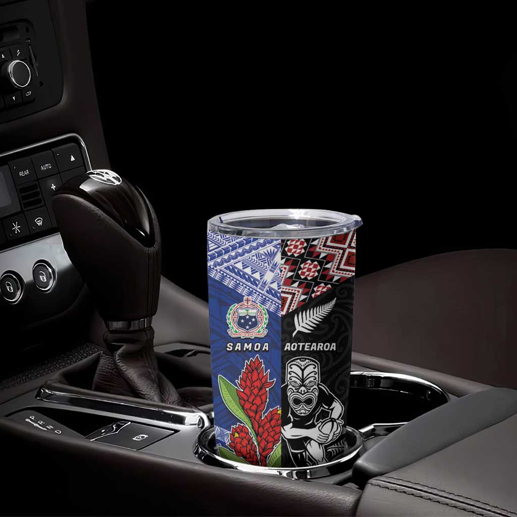 Custom Aotearoa and Samoa Rugby Tumbler Cup Maori Warrior and Teuila Emblem-Tatau with Taniko Art LT03 - Polynesian Pride