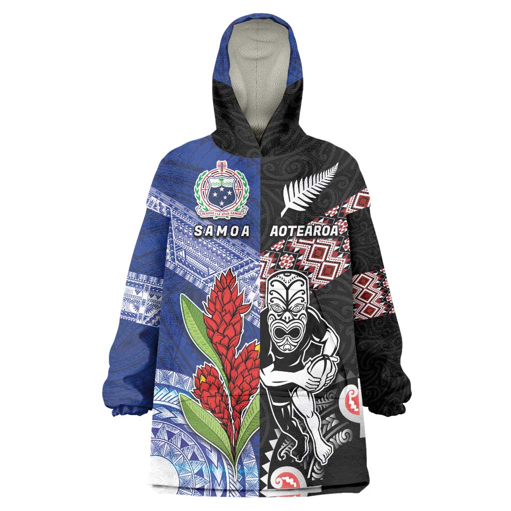 Custom Aotearoa and Samoa Rugby Wearable Blanket Hoodie Maori Warrior and Teuila Emblem-Tatau with Taniko Art