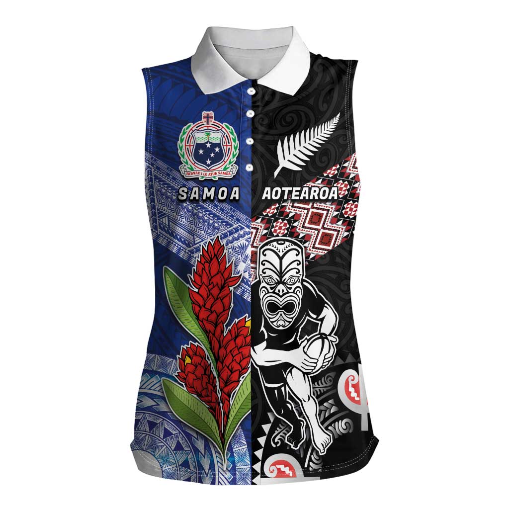 Custom Aotearoa and Samoa Rugby Women Sleeveless Polo Shirt Maori Warrior and Teuila Emblem-Tatau with Taniko Art