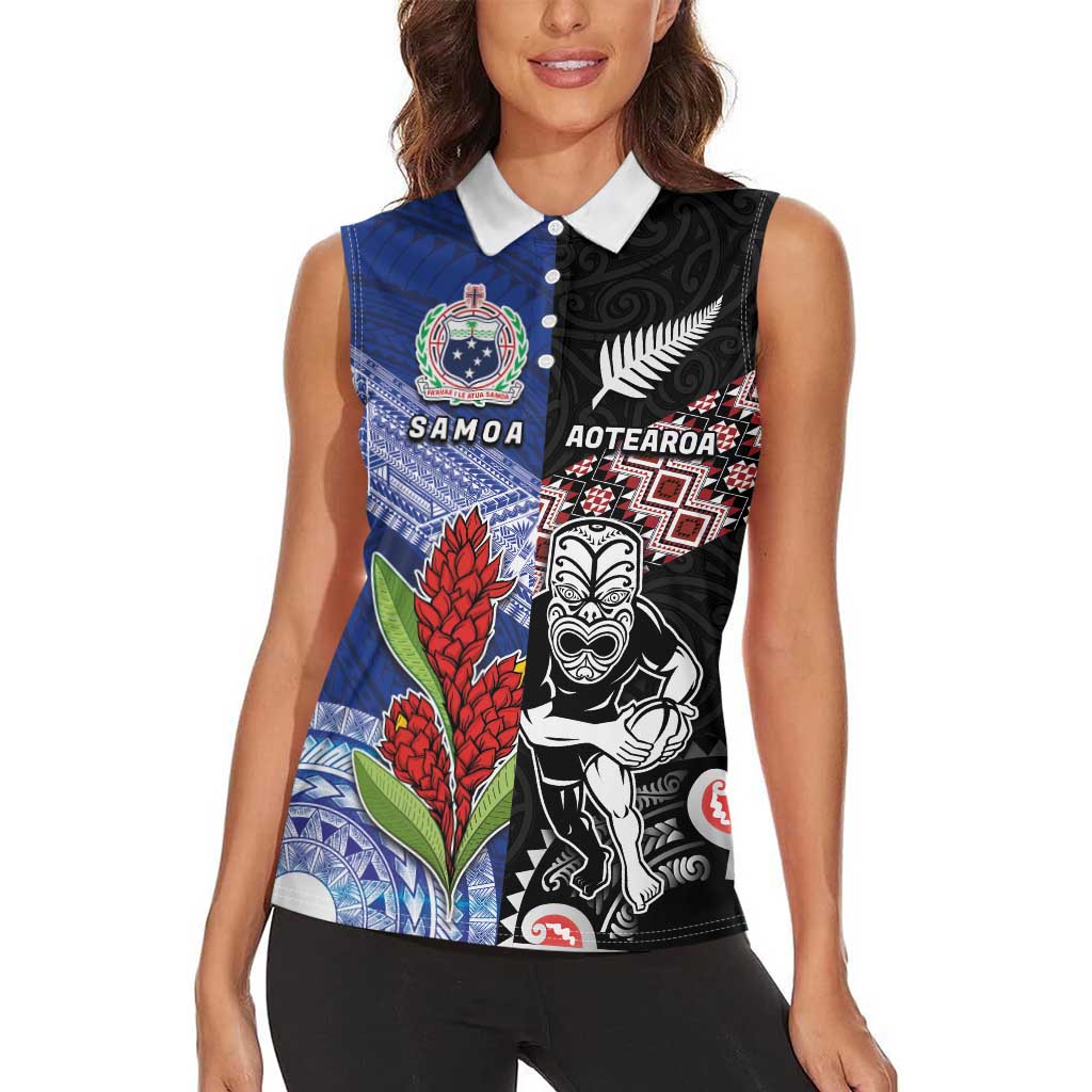 Custom Aotearoa and Samoa Rugby Women Sleeveless Polo Shirt Maori Warrior and Teuila Emblem-Tatau with Taniko Art