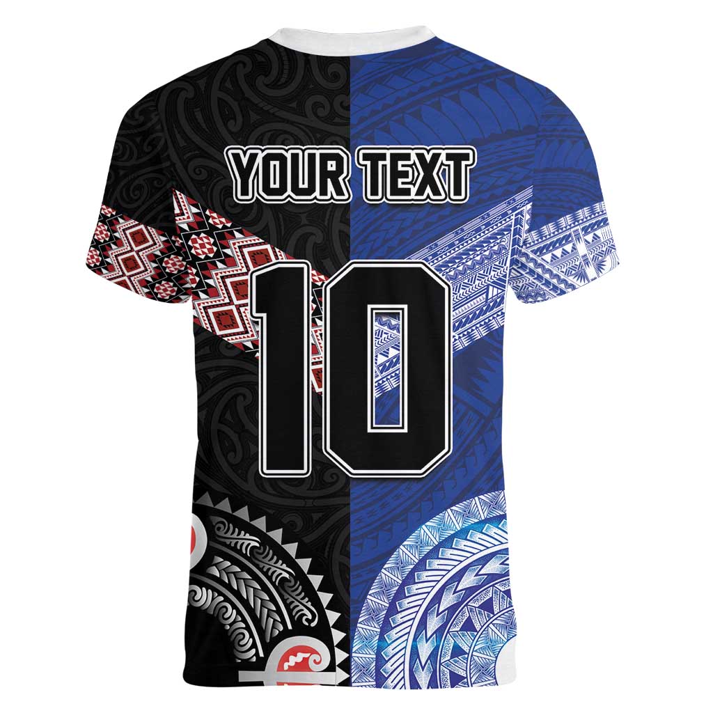 Custom Aotearoa and Samoa Rugby Women V-Neck T-Shirt Maori Warrior and Teuila Emblem-Tatau with Taniko Art LT03 - Polynesian Pride