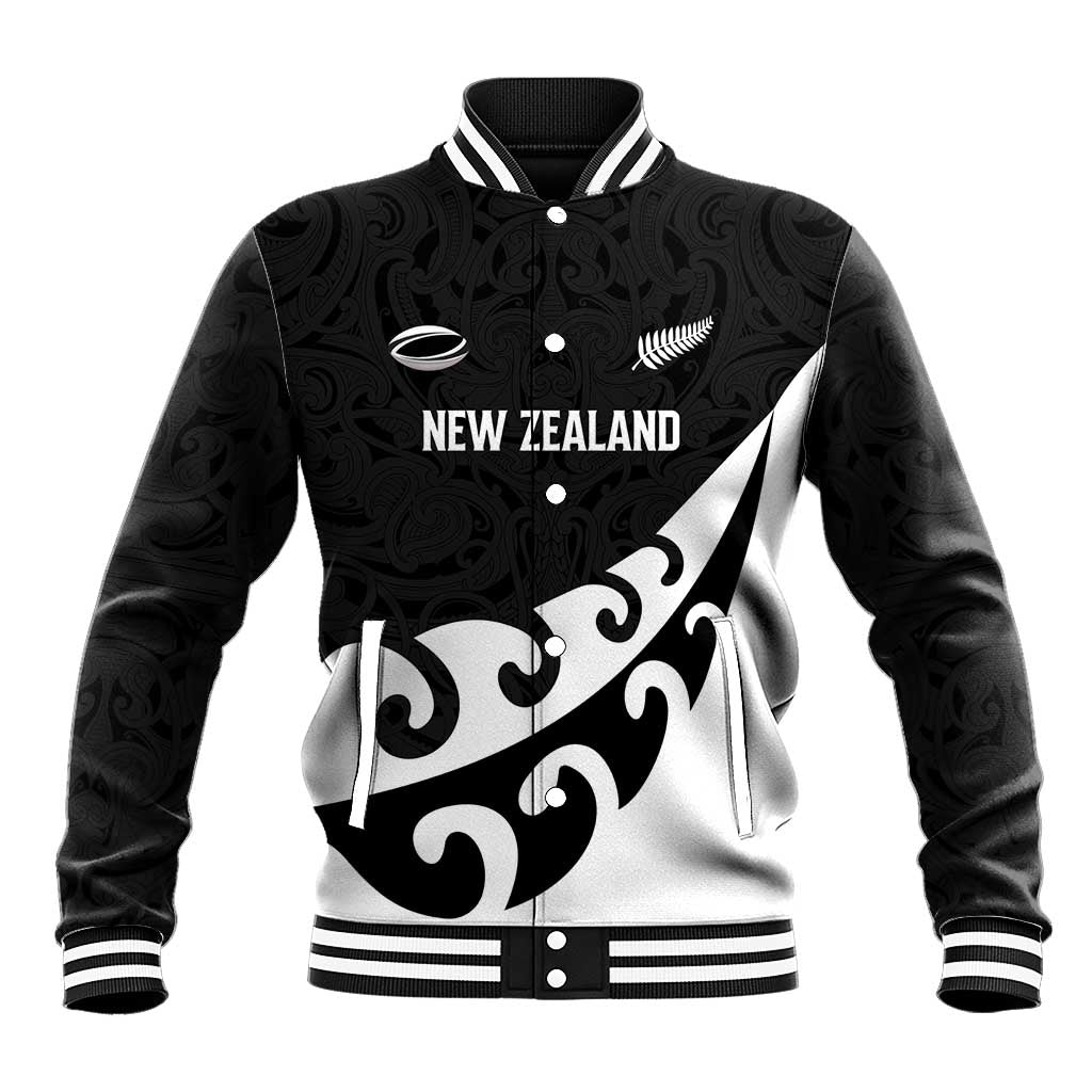 Custom NZ Rugby Baseball Jacket Koru and Silver Fern Sporty Style LT03 Unisex Black - Polynesian Pride