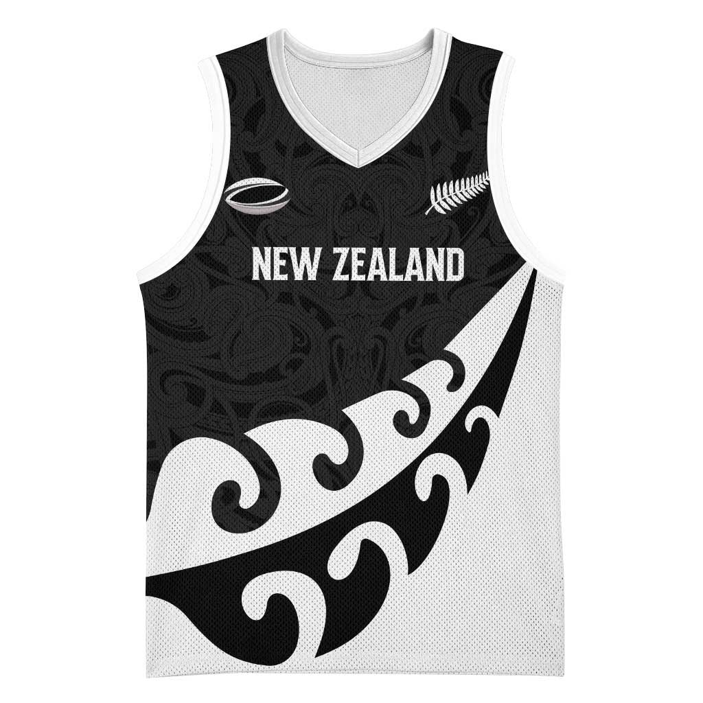 Custom NZ Rugby Basketball Jersey Koru and Silver Fern Sporty Style LT03 Unisex Black - Polynesian Pride