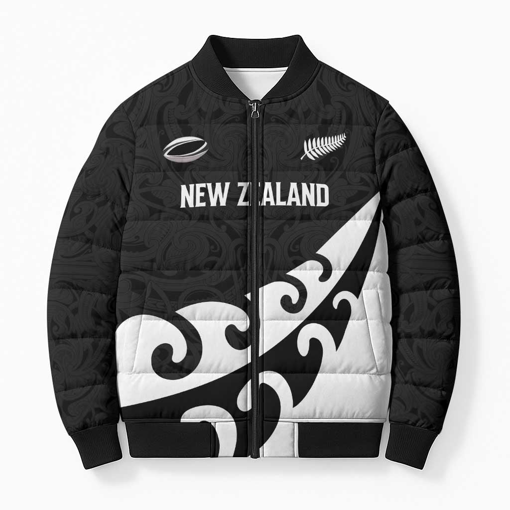 Custom NZ Rugby Bomber Puffer Jacket Koru and Silver Fern Sporty Style