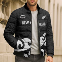 Custom NZ Rugby Bomber Puffer Jacket Koru and Silver Fern Sporty Style