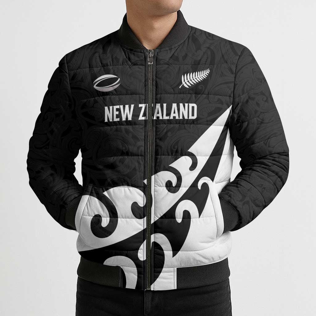 Custom NZ Rugby Bomber Puffer Jacket Koru and Silver Fern Sporty Style