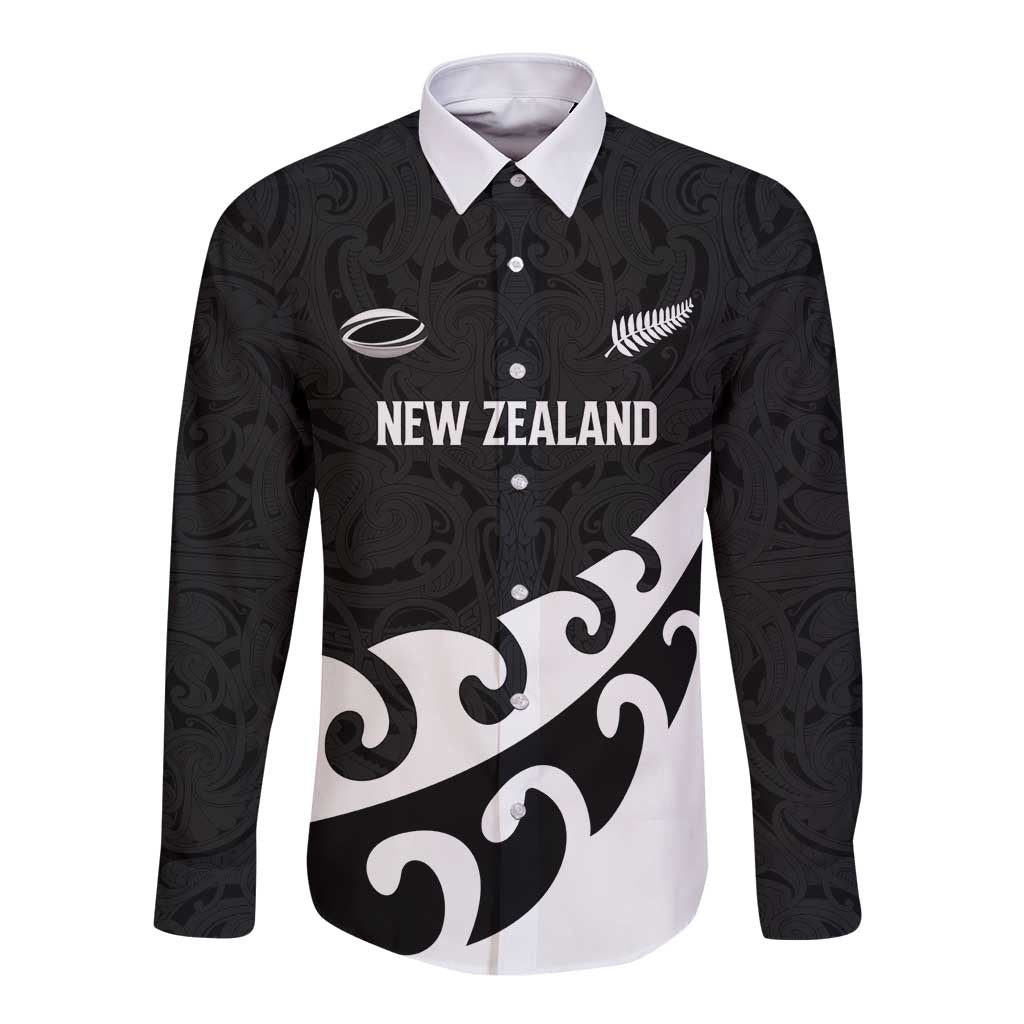 Custom NZ Rugby Long Sleeve Button Shirt Koru and Silver Fern Sporty Style LT03 Unisex Black - Polynesian Pride