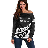 Custom NZ Rugby Off Shoulder Sweater Koru and Silver Fern Sporty Style LT03 Women Black - Polynesian Pride