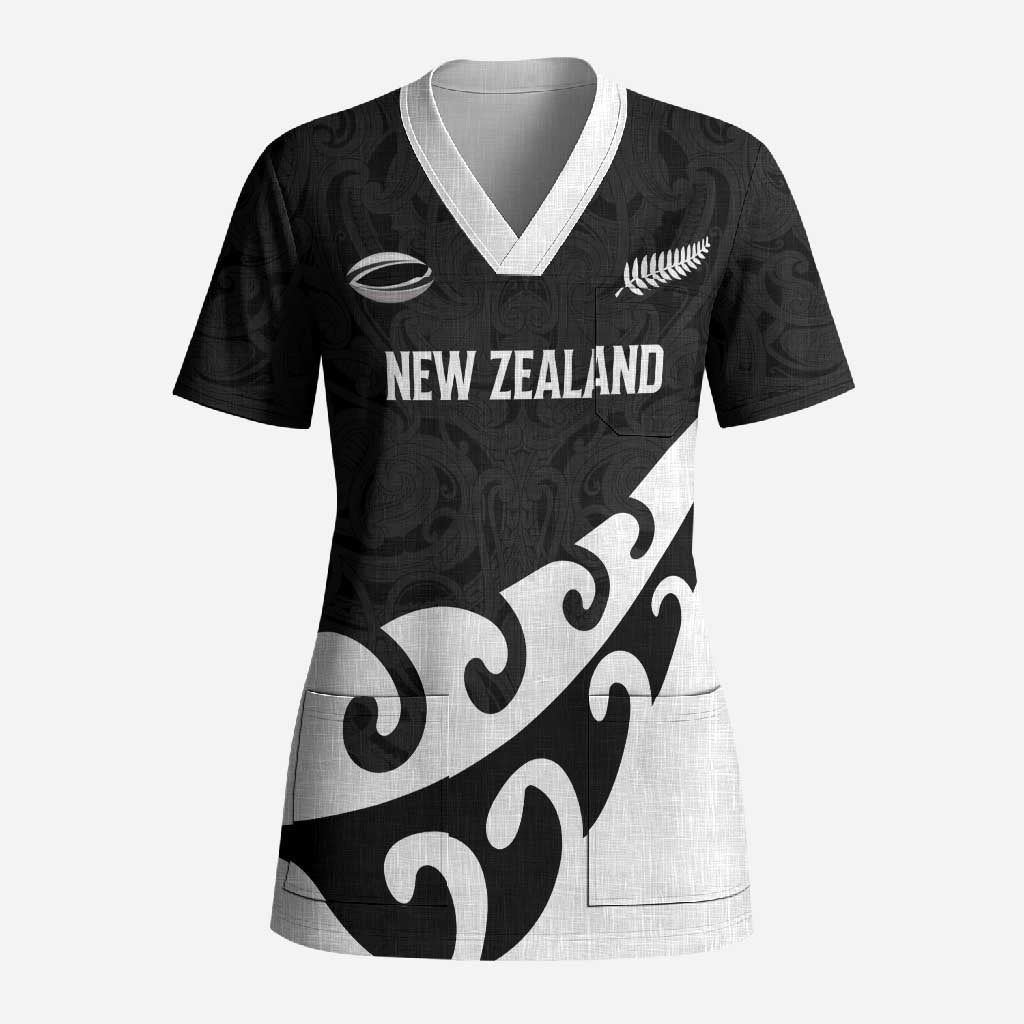 Custom NZ Rugby Scrub Top Koru and Silver Fern Sporty Style LT03 Adult Black - Polynesian Pride