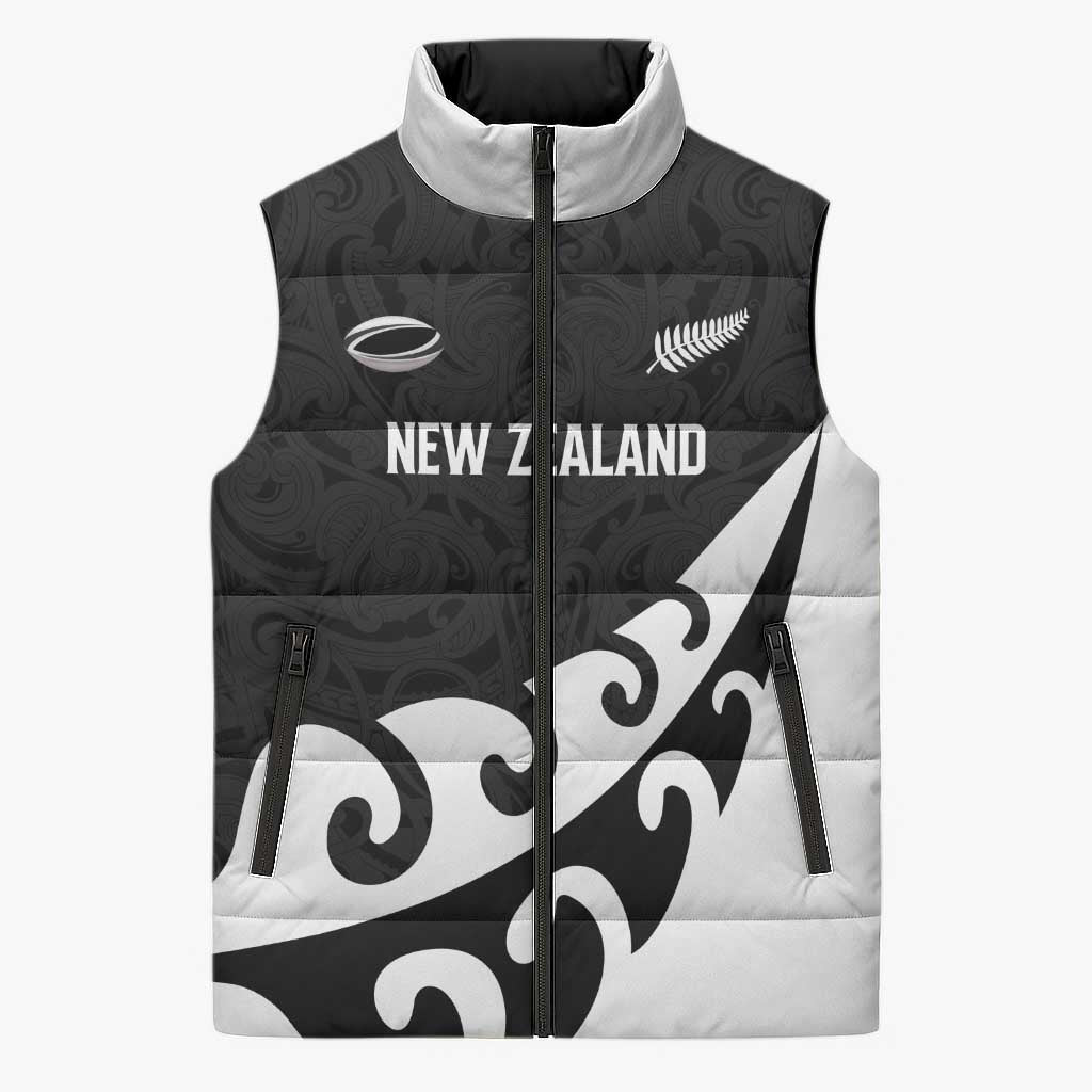 Custom NZ Rugby Sleeveless Puffer Jacket Koru and Silver Fern Sporty Style LT03 Unisex Black - Polynesian Pride