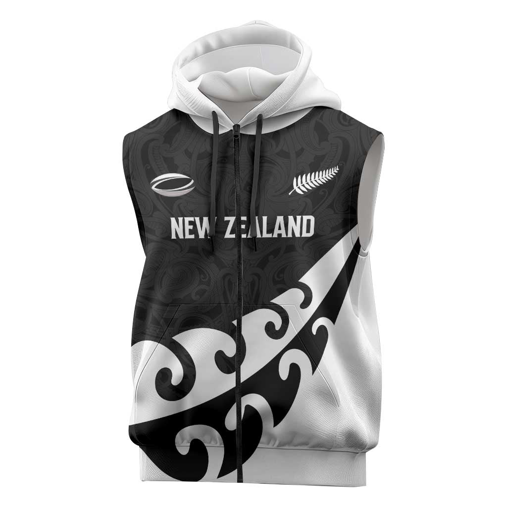 Custom NZ Rugby Sleeveless Zip Hoodie Koru and Silver Fern Sporty Style LT03 Black - Polynesian Pride