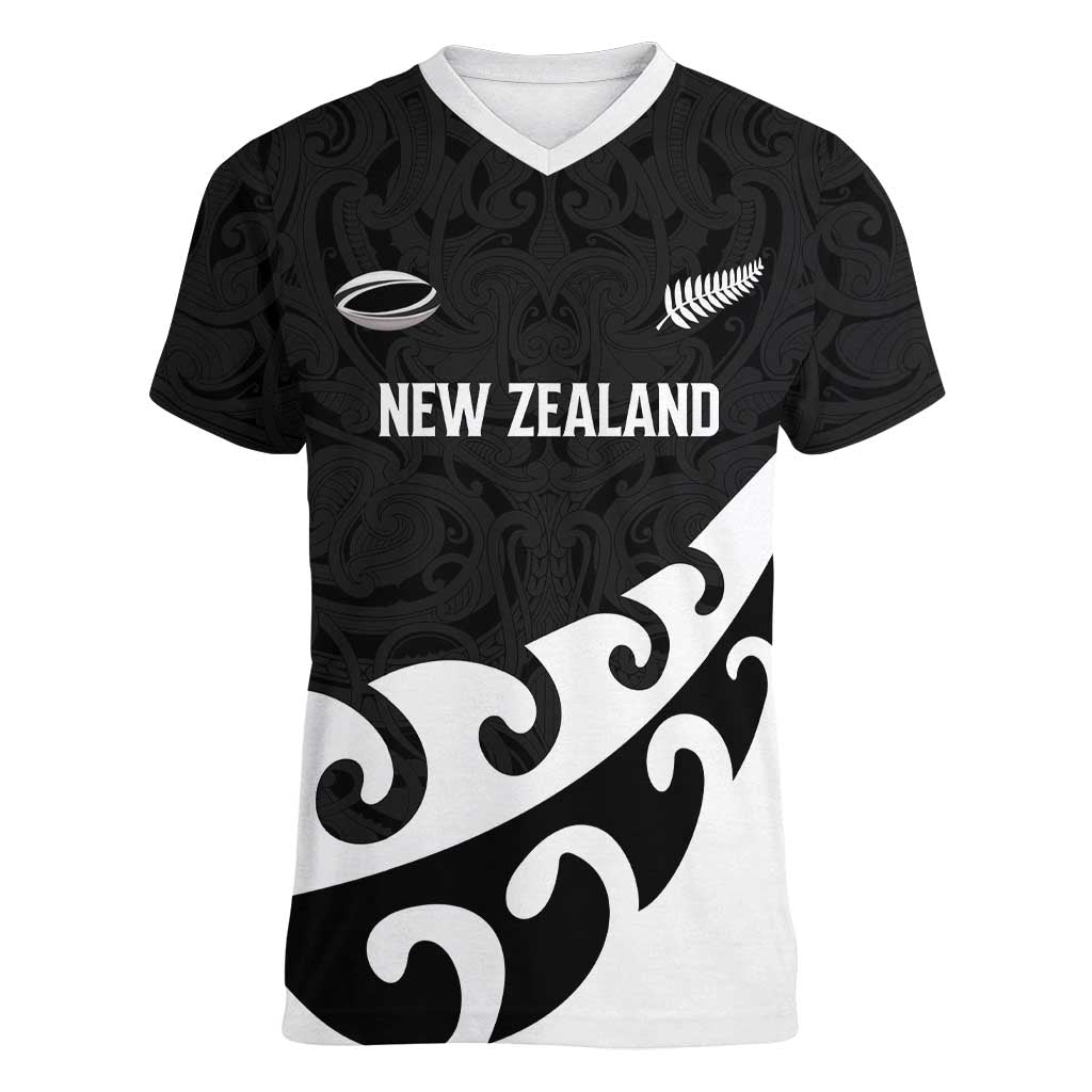 Custom NZ Rugby Women V-Neck T-Shirt Koru and Silver Fern Sporty Style