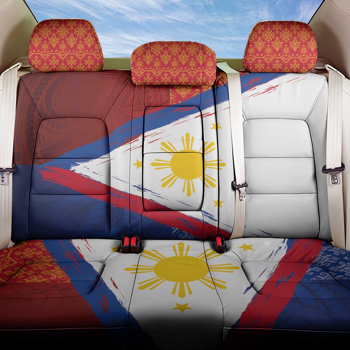 Philippines National Flag Day Back Car Seat Cover Polynesian and Yakan Tattoo Brush Style