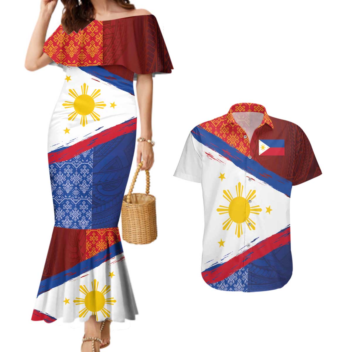 Philippines National Flag Day Couples Matching Mermaid Dress and Hawaiian Shirt Polynesian and Yakan Tattoo Brush Style