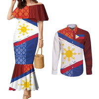 Philippines National Flag Day Couples Matching Mermaid Dress and Long Sleeve Button Shirt Polynesian and Yakan Tattoo Brush Style