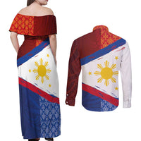 Philippines National Flag Day Couples Matching Off Shoulder Maxi Dress and Long Sleeve Button Shirt Polynesian and Yakan Tattoo Brush Style