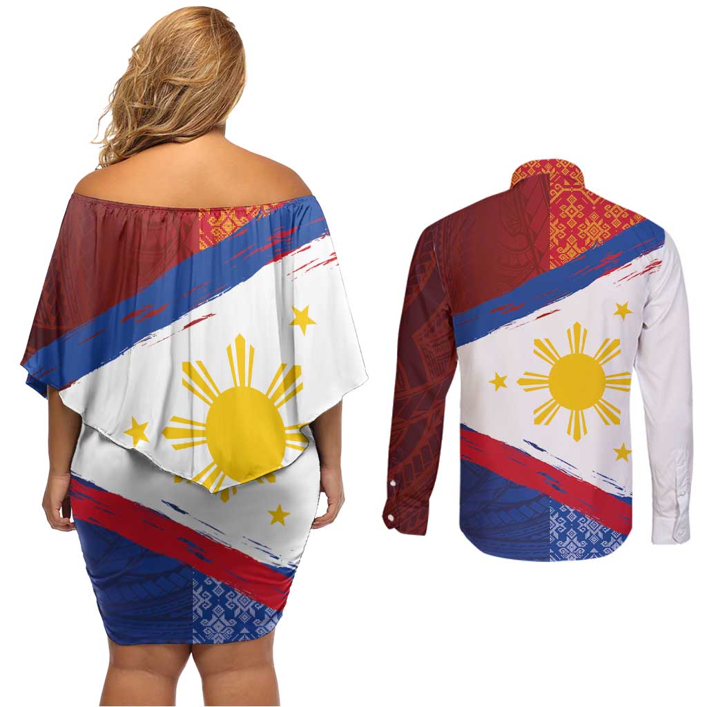 Philippines National Flag Day Couples Matching Off Shoulder Short Dress and Long Sleeve Button Shirt Polynesian and Yakan Tattoo Brush Style