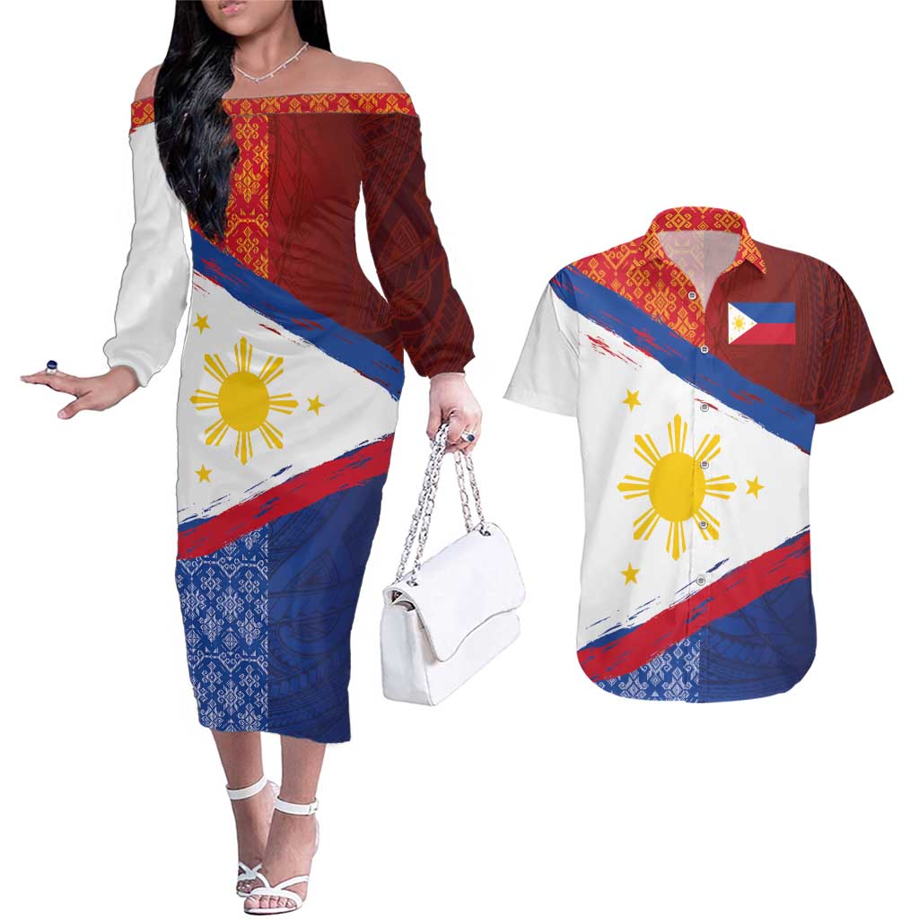 Philippines National Flag Day Couples Matching Off The Shoulder Long Sleeve Dress and Hawaiian Shirt Polynesian and Yakan Tattoo Brush Style