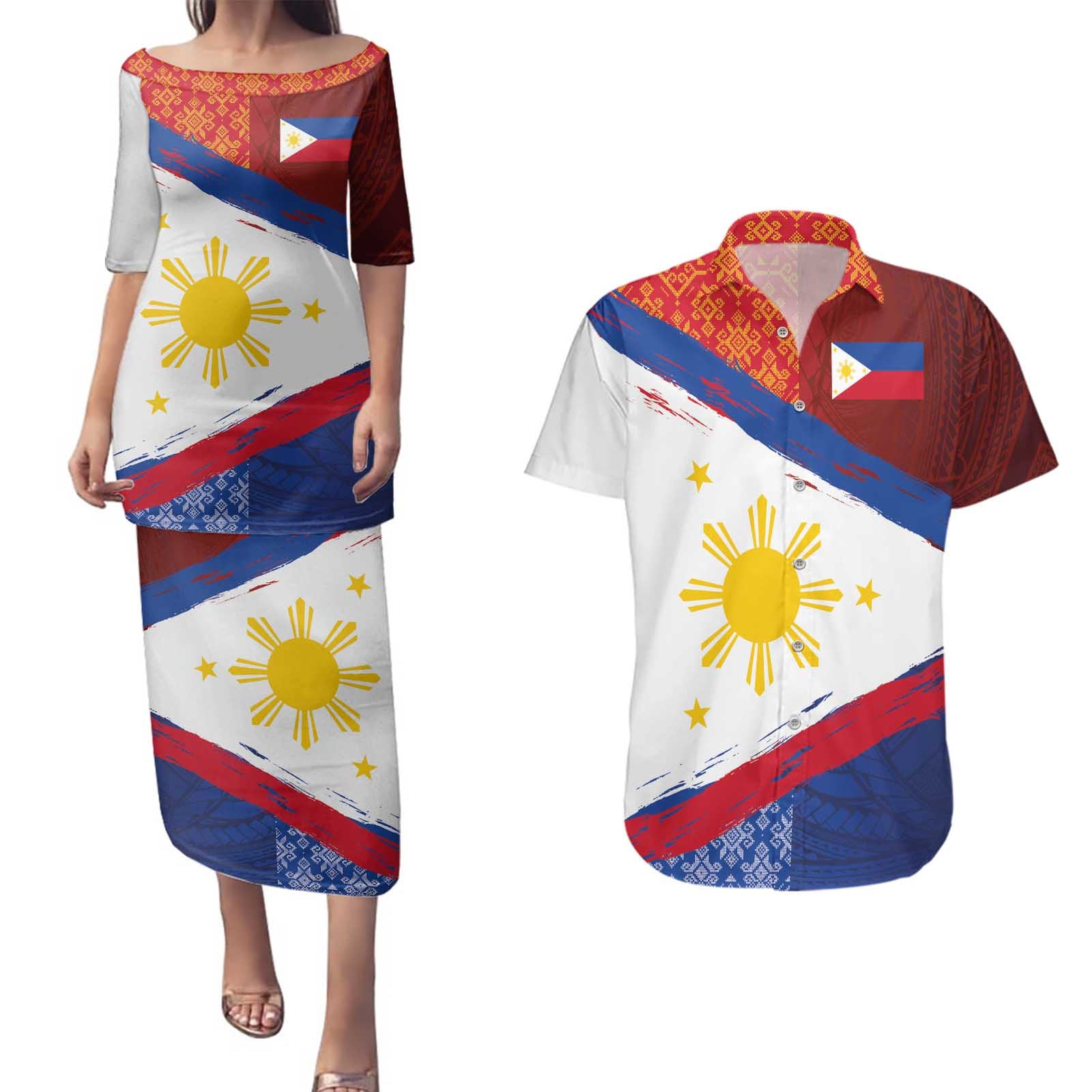Philippines National Flag Day Couples Matching Puletasi and Hawaiian Shirt Polynesian and Yakan Tattoo Brush Style
