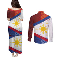 Philippines National Flag Day Couples Matching Puletasi and Long Sleeve Button Shirt Polynesian and Yakan Tattoo Brush Style