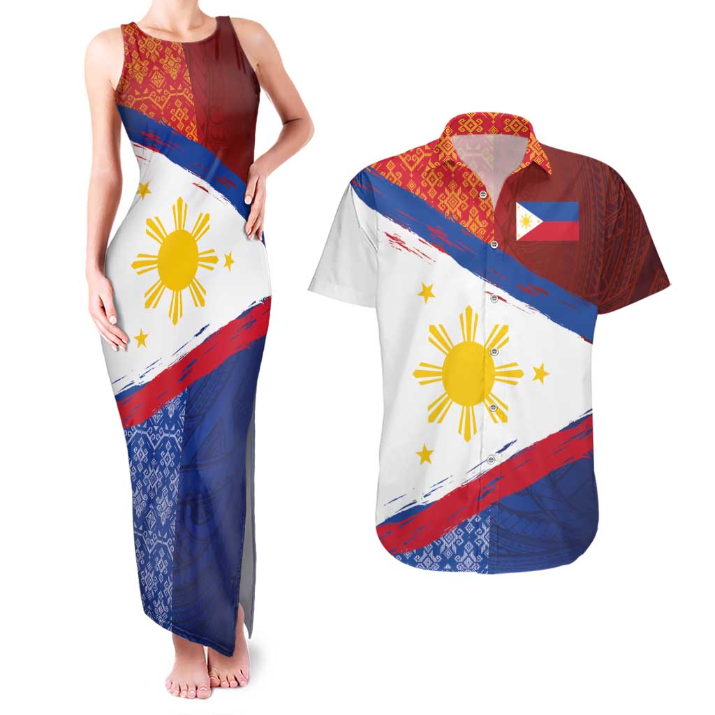 Philippines National Flag Day Couples Matching Tank Maxi Dress and Hawaiian Shirt Polynesian and Yakan Tattoo Brush Style