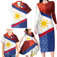 Philippines National Flag Day Family Matching Long Sleeve Bodycon Dress and Hawaiian Shirt Polynesian and Yakan Tattoo Brush Style