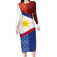 Philippines National Flag Day Family Matching Long Sleeve Bodycon Dress and Hawaiian Shirt Polynesian and Yakan Tattoo Brush Style