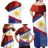 Philippines National Flag Day Family Matching Off Shoulder Maxi Dress and Hawaiian Shirt Polynesian and Yakan Tattoo Brush Style